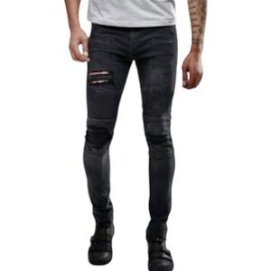 ASOS Men’s Skinny Jeans Black Distressed Moto Biker Style